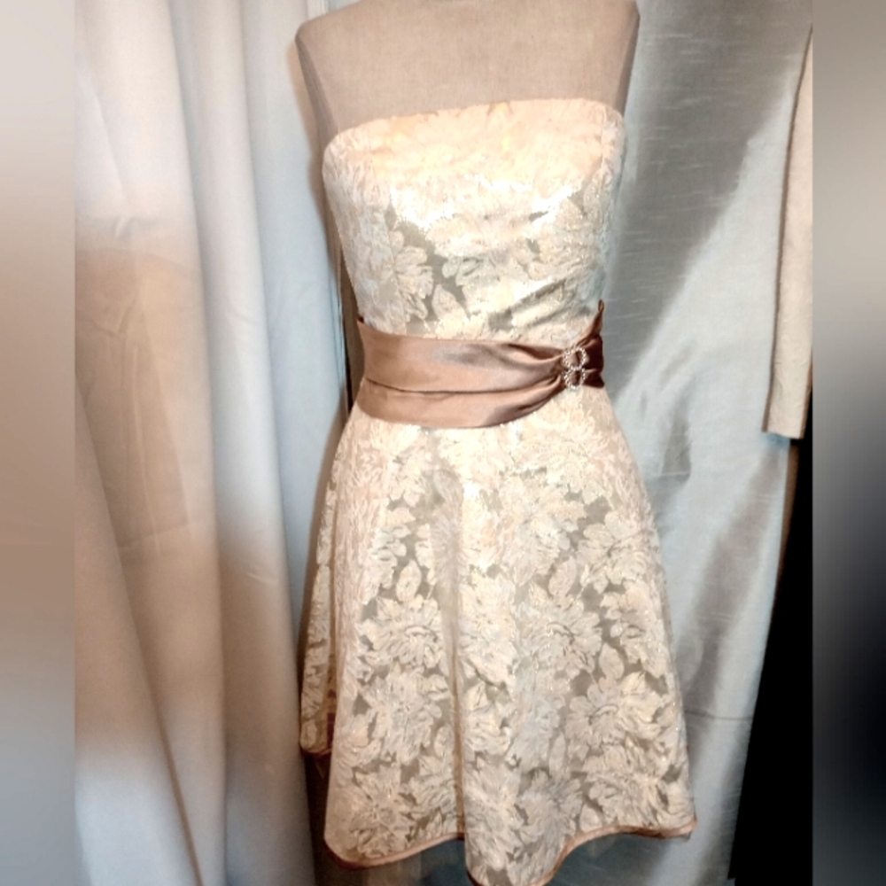 Morgan 4 Ever Vintage Wedding, Gold Paisley Satin,Strapless,Rhinestone,Lined, 00